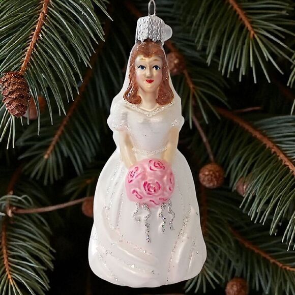 Old World Christmas Bride Ornament Brunette White Dress Roses Vintage Glass OWC - Picture 11 of 15
